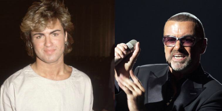 George Michael in his younger years and in 2012, performing