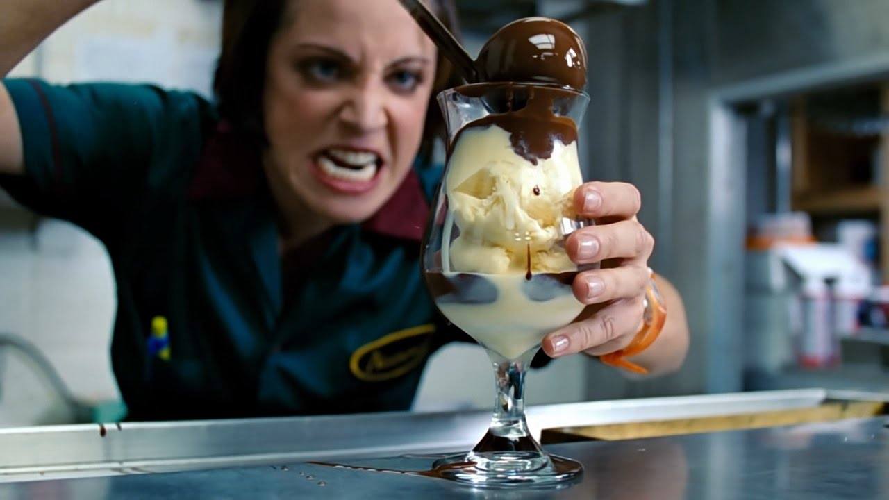 Piecing together a frugal ice cream sundae in the movie "Waiting"