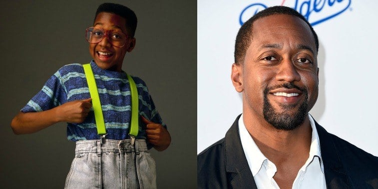 Jaleel White as Steve Urkel on Family Matters in the '90s and at a gala for the LA Dodgers in 2016