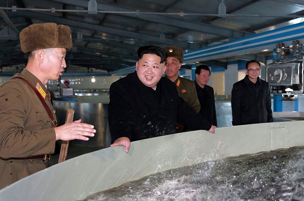North Korean leader Kim Jong-Un inspects a catfish farm.