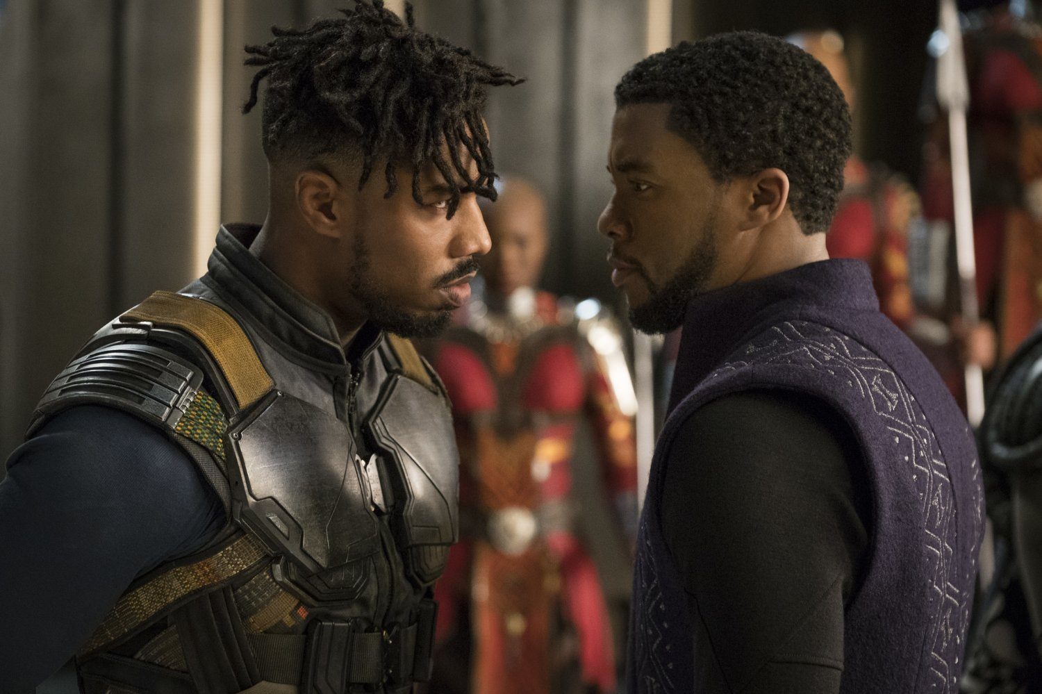 Michael B. Jordan as Killmonger stares down Chadwick Boseman as T'Challa in 'Black Panther'.