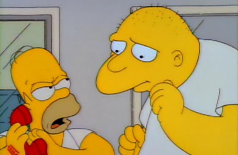 Bart Simpson talks on a phone while angrily looking at another man Bart Simpson talks on a phone while angrily looking at another man