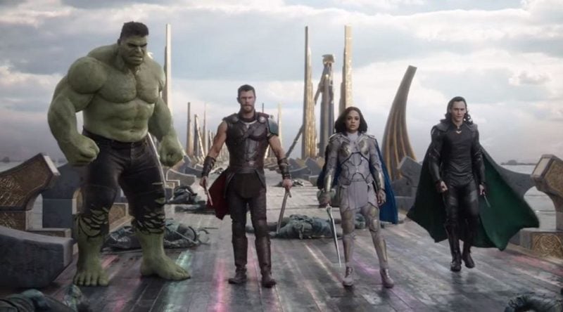 Hulk, Thor, Valkyrie, and Loki stand next to each other in Thor: Ragnarok
