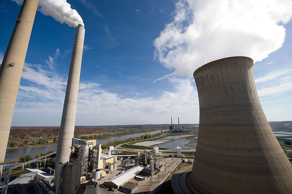 American Electric Power's (AEP) Mountaineer coal power plant, including cooling tower and stacks in New Haven, West Virginia
