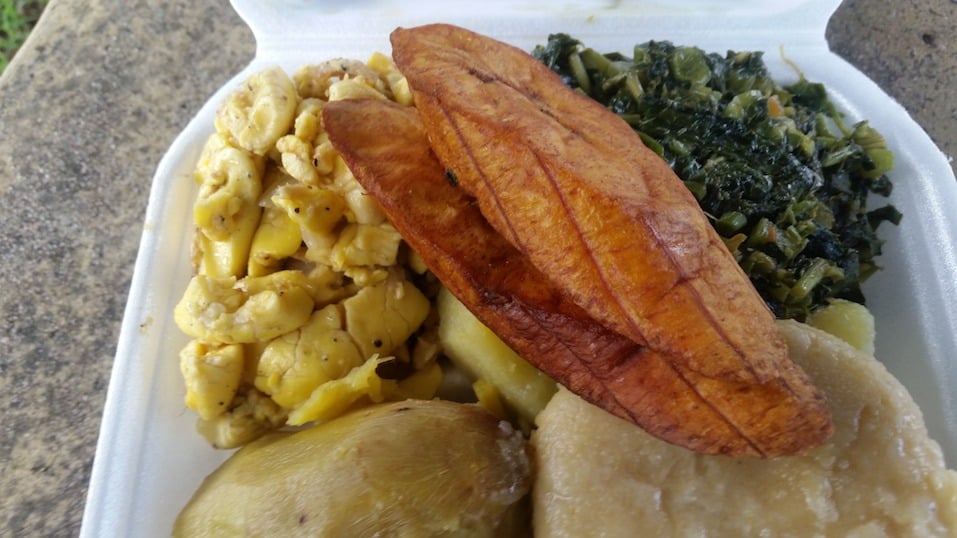 Ackee plantain and callaloo breakfast