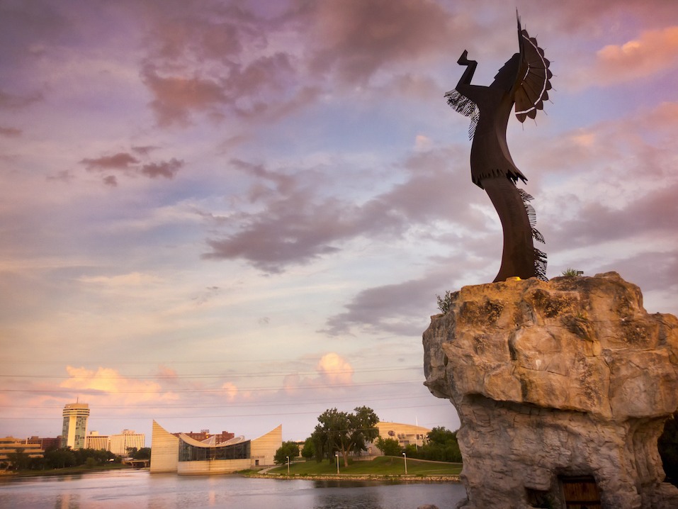 A warm, beautiful sunset along the Arkansas River in Wichita, Kansas