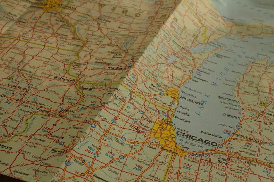 city of Chicago on a travel map