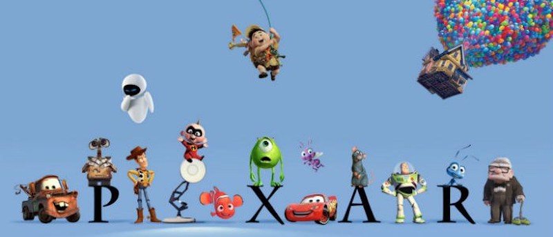 Disney Pixar characters stand around the Pixar logo in front of a blue background Disney Pixar characters stand around the Pixar logo in front of a blue background