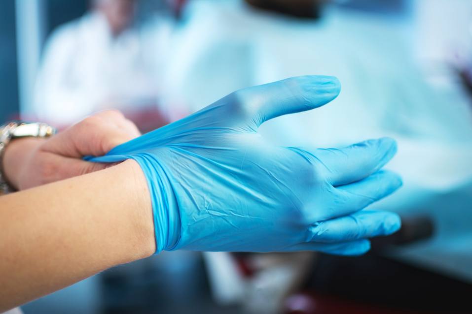 Female doctor's hands putting on blue sterilized surgical gloves
