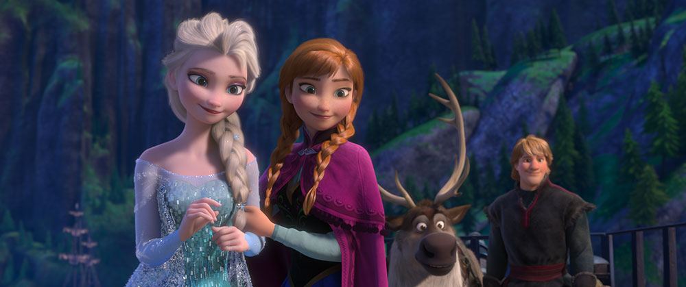 Elsa and Anna stand with a reindeer and Kristoff in Frozen Elsa and Anna stand with a reindeer and Kristoff in Frozen