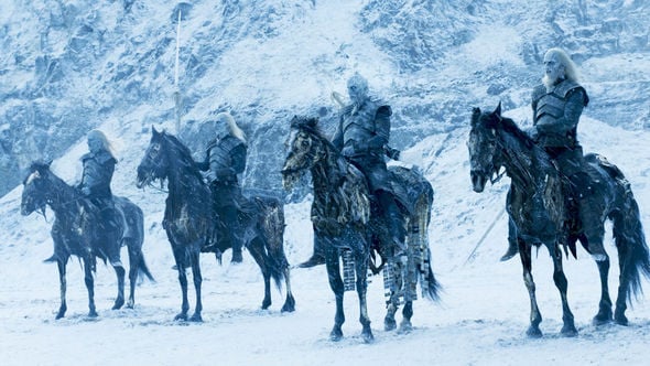 Night King and his army sit on horses in a snowy landscape