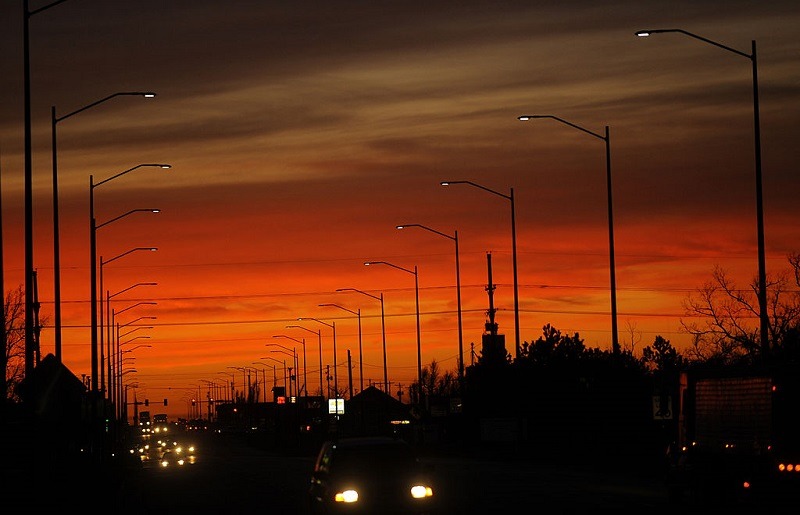 TO GO WITH AFP STORY US-ENVIRONMENT-ENERGY LED street lights turn on at sunset, December 1, 2009, in Greensburg, Kansas. On May 4, 2007, Greensburg, a typical Midwestern US farming town of some 1,400 people, was 95 percent destroyed by a tornado. After the tornado, residents took the decision to rebuild as a model green community for rural America, attracting a group of experts and enthusiasts, helping the community to try to achieve economical, environmental and cultural sustainibilty using renewable energy, LEED building standards and encouraging residents and businesses to go green. Greensburg is the only US city that requires that all city-owned buildings meet the US Green Building Council's LEED Platinum standards.