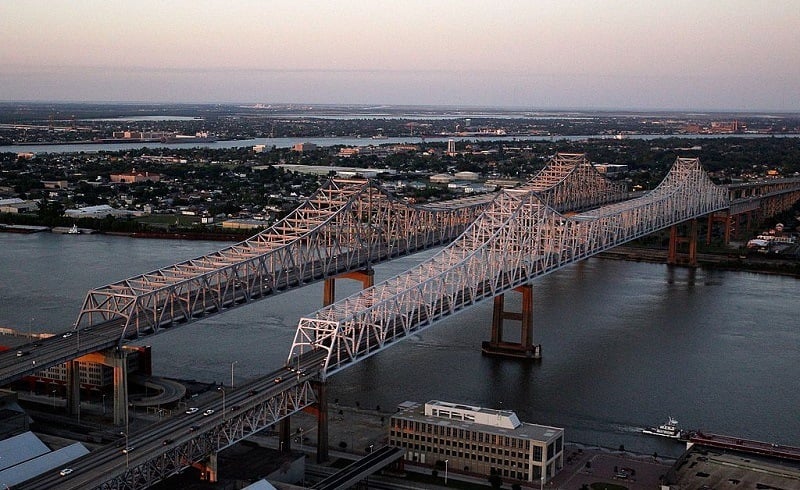 NEW ORLEANS - APRIL 28: An aerial view of Highway 90 and the Greater New Orleans Bridge near downtown New Orleans, Louisiana on April 10, 2010.