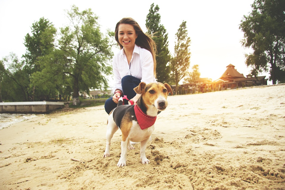 woman with Jack Russell terrier wearing bandana
