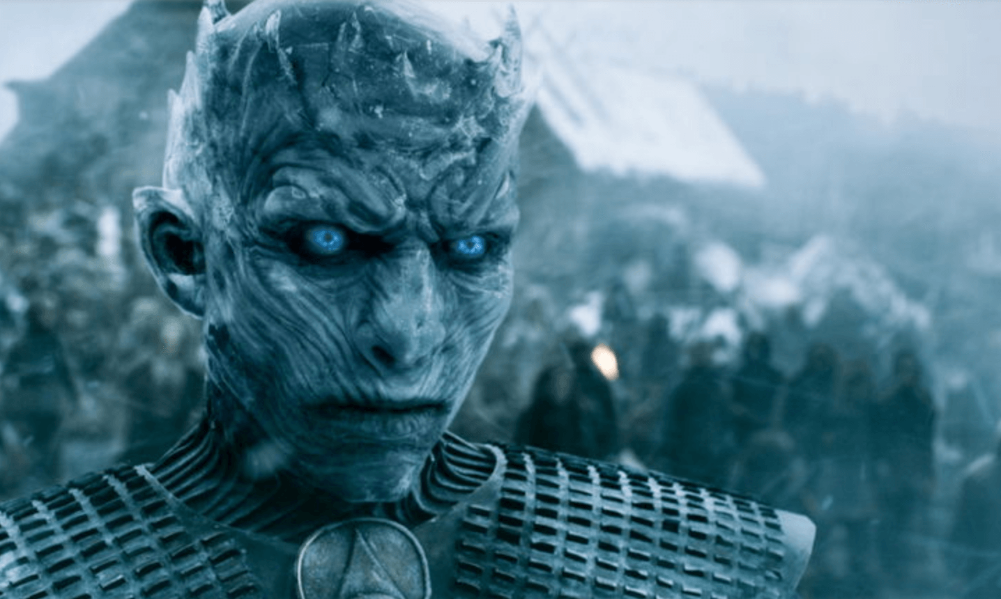 The Night King stares ahead with his infamous icy blue eyes. The Night King stares ahead with his infamous icy blue eyes.