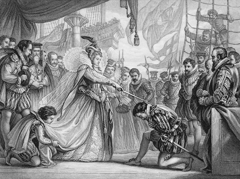 Painting of Queen Elizabeth I of England knighting an explorer on a ship.