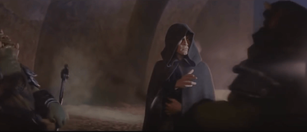Luke Skywalker performs the 'Force Choke' on two guards