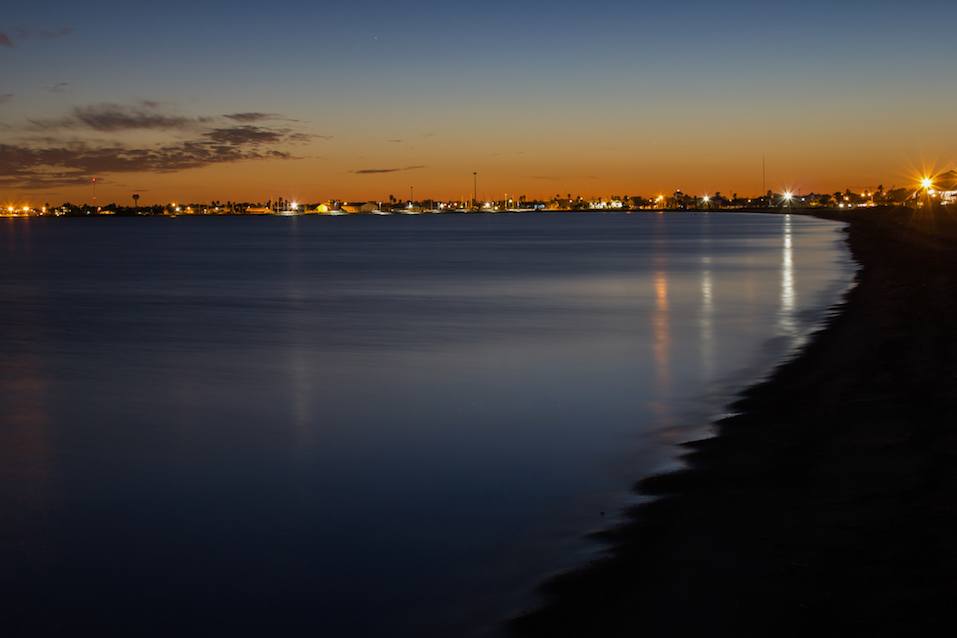 Rockport Beach at night with night lights.