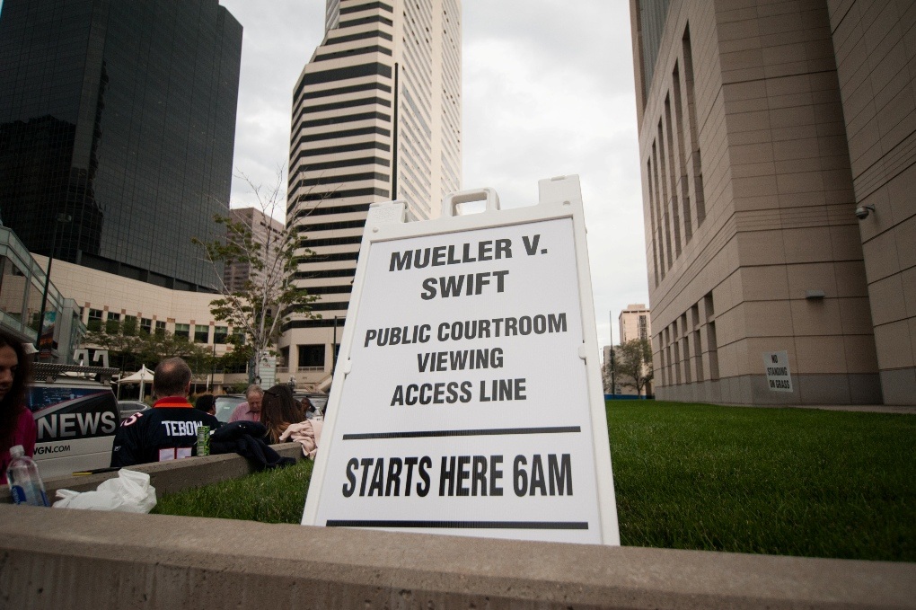 Mueller, a DJ from Denver has been taken to court by Taylor Swift for groping her during a photoshoot Sign placed outside Swift trial