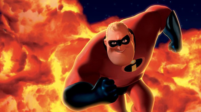 Mr. Incredible in his red suit, runs in front of bursting flames. Mr. Incredible in his red suit, runs in front of bursting flames.