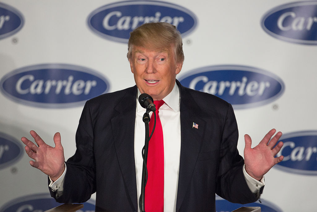 View of President-elect Donald Trump speaking at the Carrier plant in Indiana in November 2016.