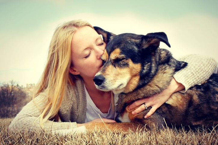 Young woman hugging and kissing German Shepherd