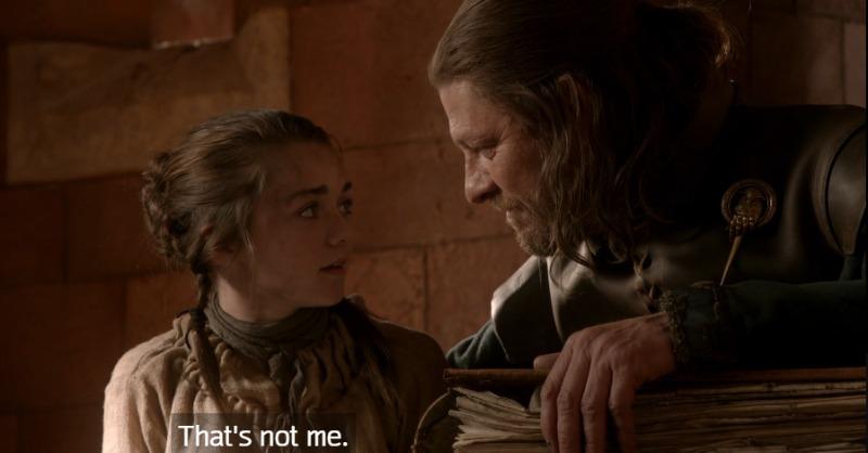 Arya is talking to Ned Stark.