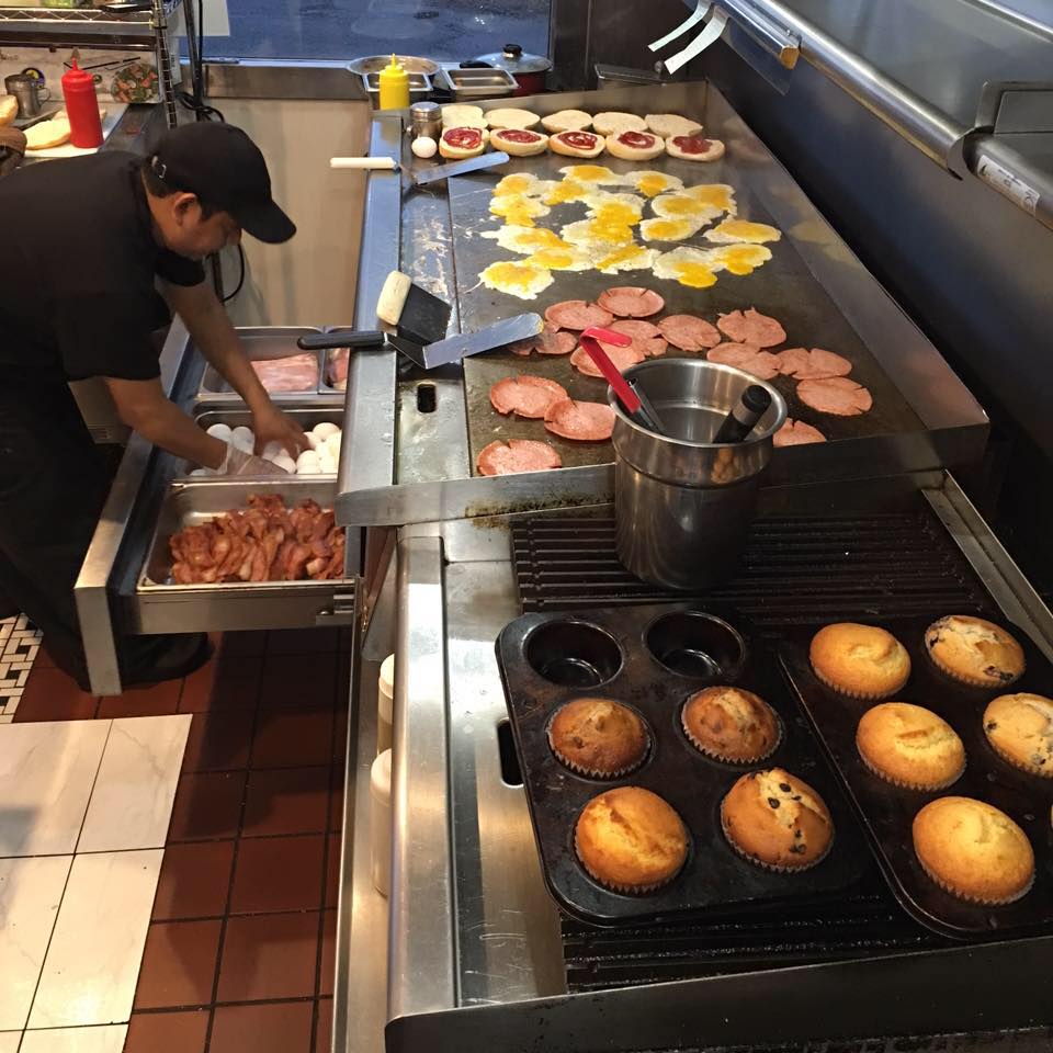 Food on the griddle at Bayway Diner