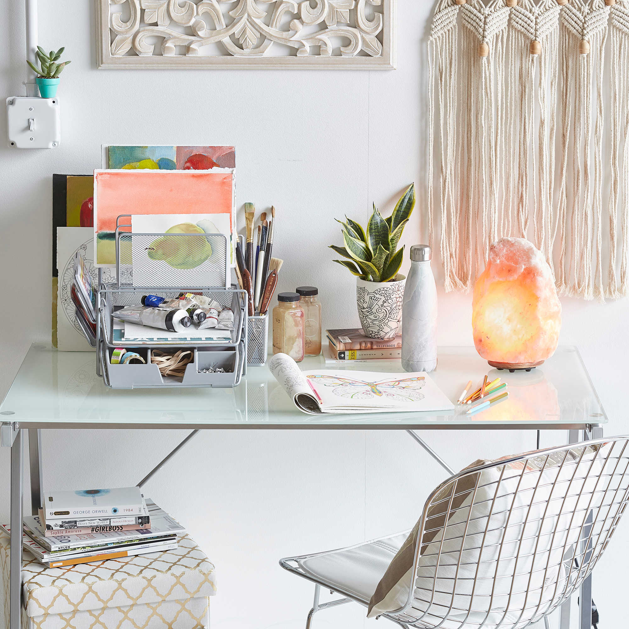 Desk with chair and lamp