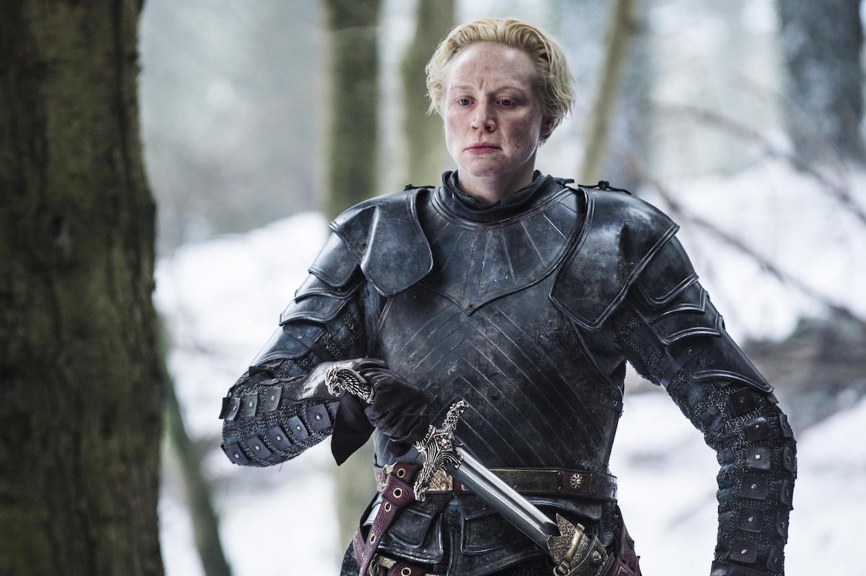 Brienne of Tarth brandishes her sword in a clearing in the woods in a scene from 'Game of Thrones.' Brienne of Tarth brandishes her sword in a clearing in the woods in a scene from 'Game of Thrones.'