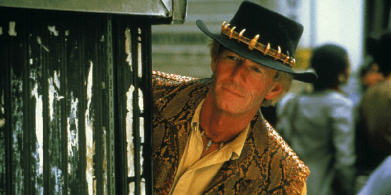 Crocodile Dundee is leaning to the side. Crocodile Dundee is leaning to the side.