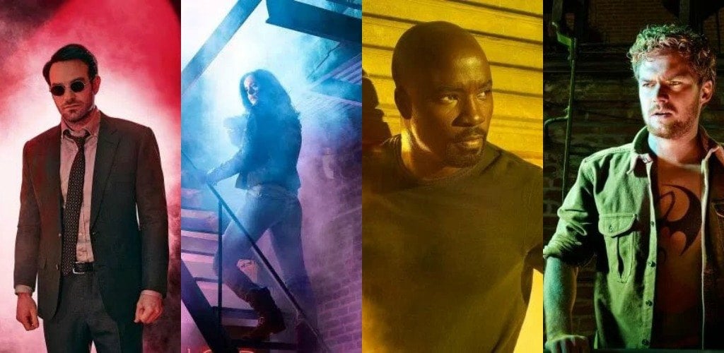From left to right: Charlie Cox as Matt Murdock, Krysten Ritter as Jessica Jones, Mike Colter as Luke Cage, and Finn Jones as Danny Rand in The Defenders From left to right: Charlie Cox as Matt Murdock, Krysten Ritter as Jessica Jones, Mike Colter as Luke Cage, and Finn Jones as Danny Rand in The Defenders