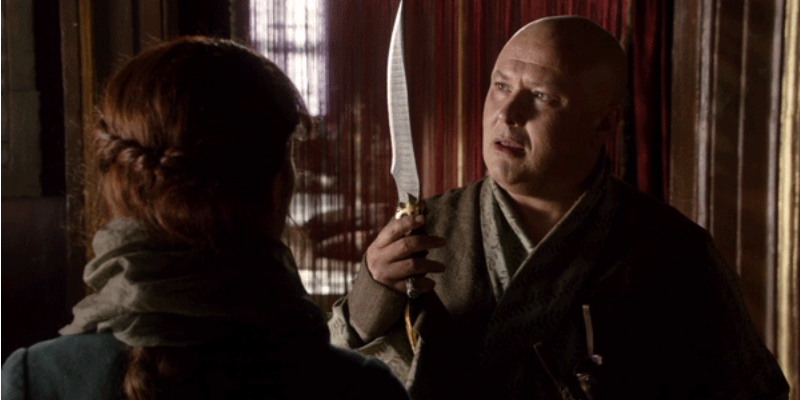 Varys holds up a dagger as he talks to Catelyn Stark. Varys holds up a dagger as he talks to Catelyn Stark.