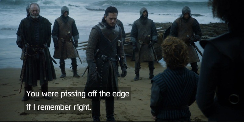 Jon Snow and his men are on the show of the ocean talking to Tyrion.
