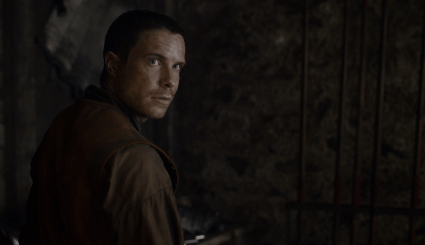 Gendry looks over his shoulder. In the 'Game of Thrones' episode 'Eastwatch,' Gendry looks over his shoulder.