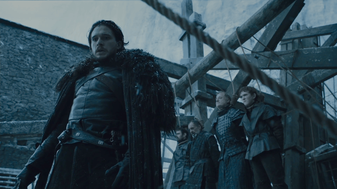  Jon Snow turns his back on the men who betrayed him as they stand at the gallows in a scene from 'Game of Thrones.'