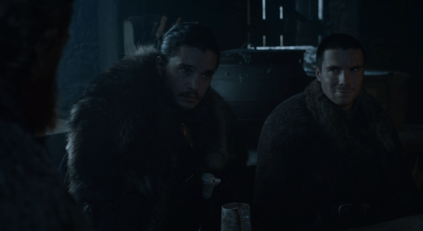 In the 'Game of Thrones' episode 'Eastwatch,' Jon Snow and Gendry sit at a table.