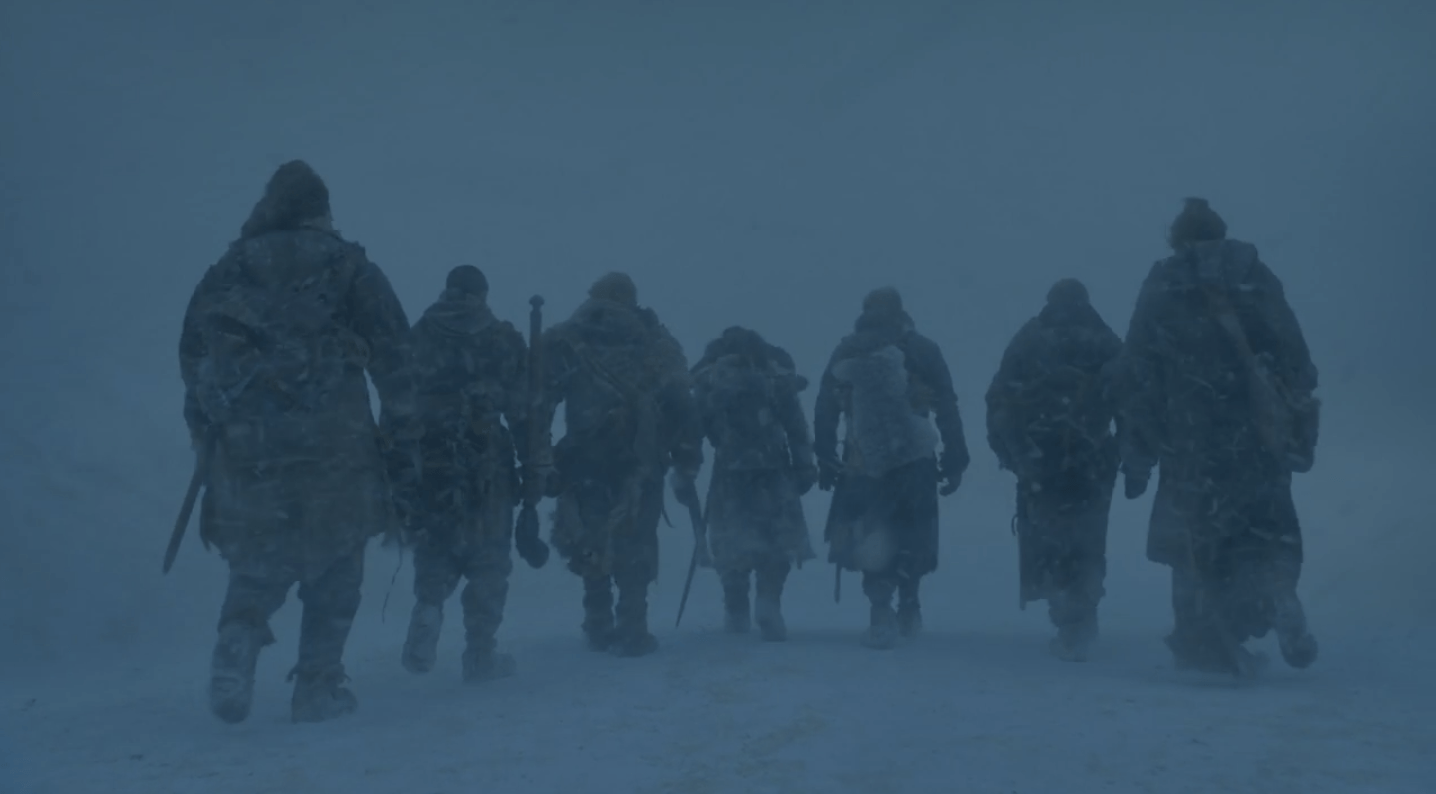 Jon Snow, Jorah Mormont, Gendry, Tormund, Ser Davos, and the Brotherhood set out into the snow in the Season 7 'Game of Thrones' episode 'Eastwatch.'