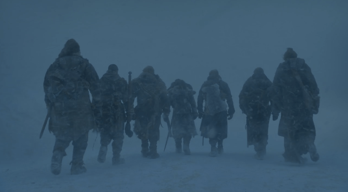 Jon Snow leads his allies into the snow. Jon Snow, Jorah Mormont, Gendry, Tormund, Ser Davos, and the Brotherhood set out into the snow in the Season 7 'Game of Thrones' episode 'Eastwatch.'