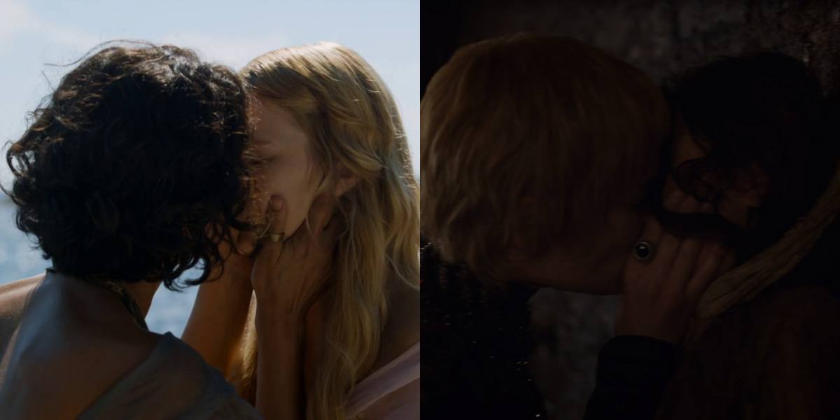 In side by side images, Ellaria Sand kisses Myrcella Lannister by the water, and Cersei Lannister kisses Tyene Sand in scenes from 'Game of Thrones.'