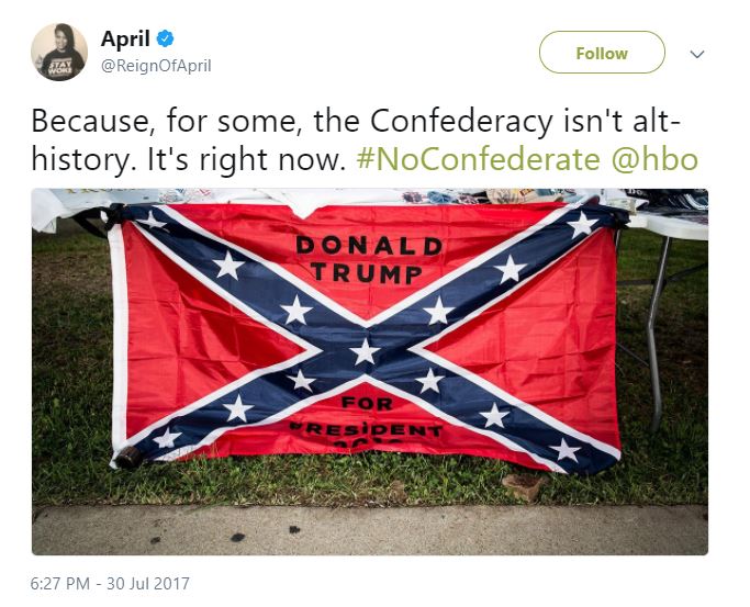 A tweet with an image of a confederate flag that reads "Donald Trump for President"