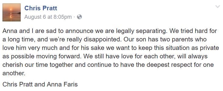 A Facebook post from Chris Pratt announcing his separation
