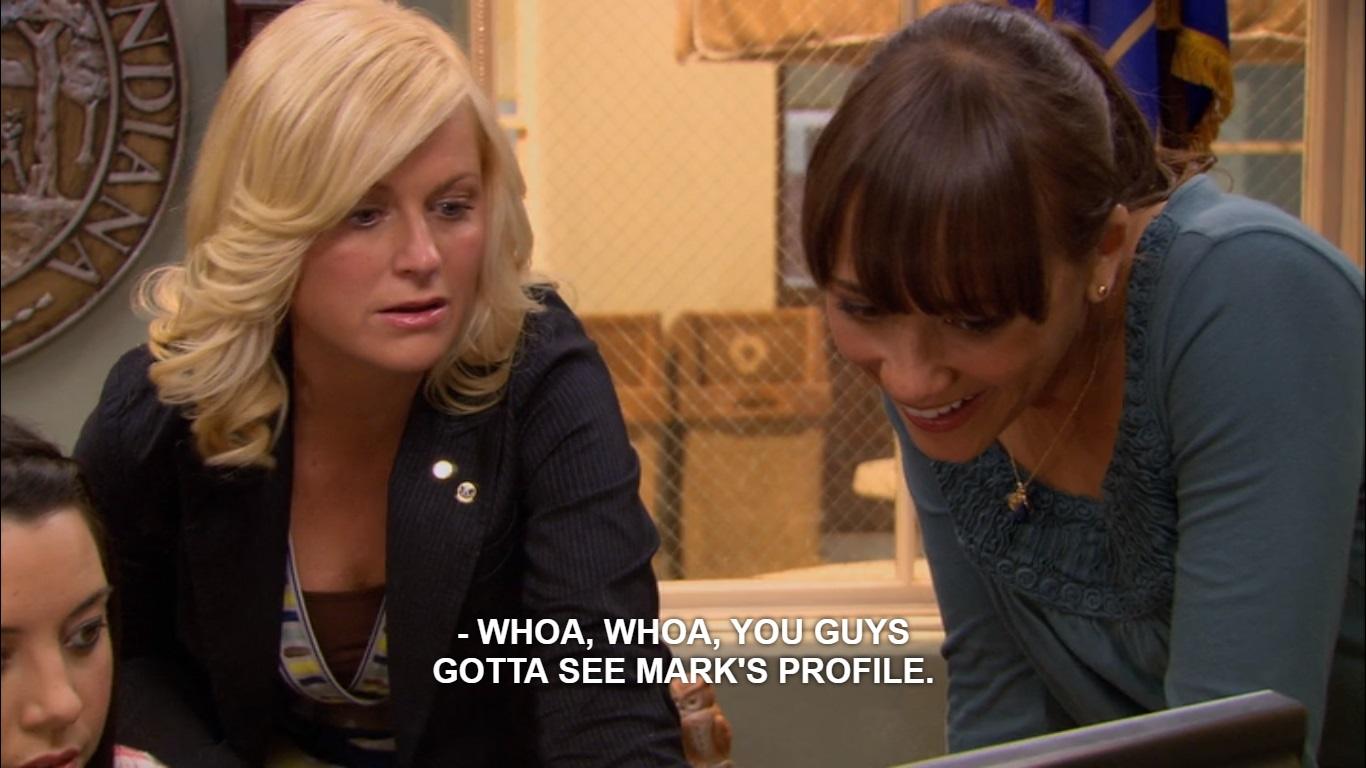 Leslie Knope looking at Facebook