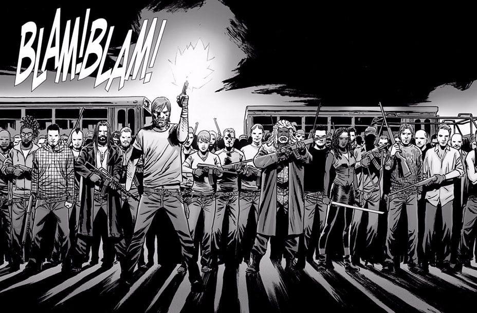 Rick fires his gun into the air while standing in front of members of Alexandria, the Hilltop and the Kingdom in 'The Walking Dead' comic series.