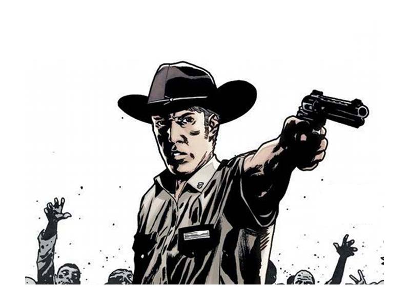 Rick Grimes, wearing his sheriff's uniform, points a gun in an image from the comics. 