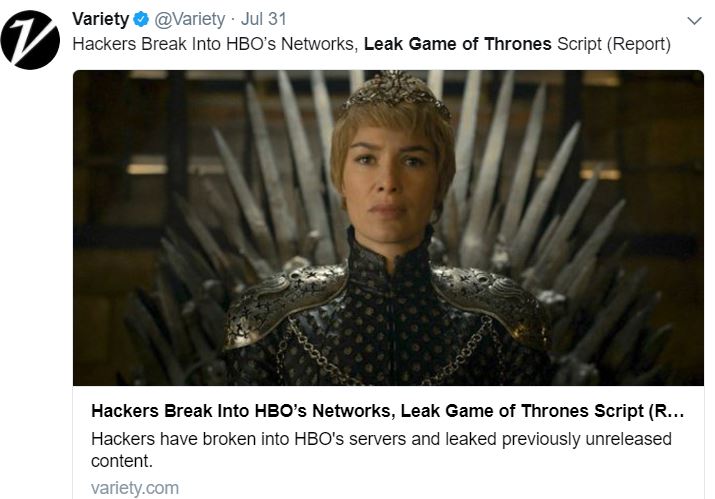 An image of a tweet from Variety about the leak featuring an photo from Game of Thrones An image of a tweet from Variety about the leak featuring an photo from Game of Thrones