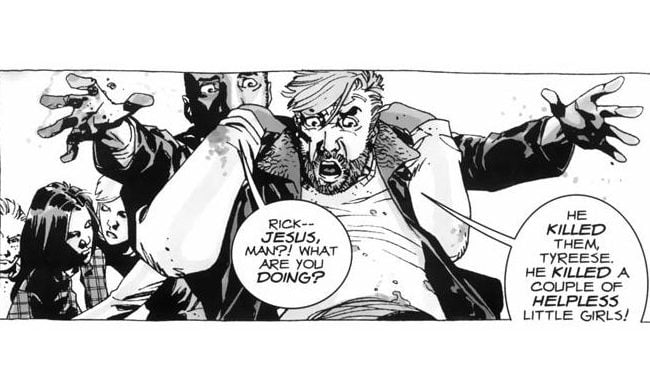 Tyreese holds Rick back from attacking someone in a frame from 'The Walking Dead' comics. Tyreese holds Rick back from attacking someone in a frame from 'The Walking Dead' comics.