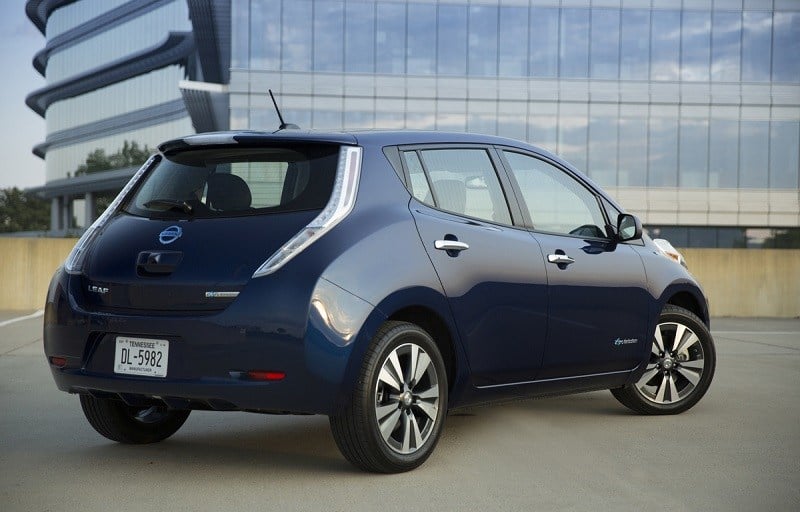 Rear view of blue Nissan Leaf from 2016
