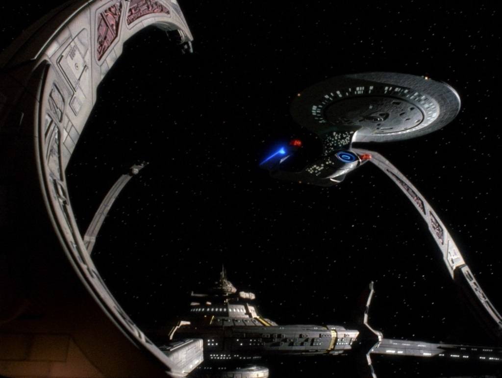 The Enterprise docked at the Deep Space Nine station. The Enterprise docked at the Deep Space Nine station.