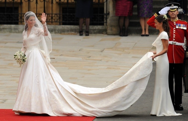 Pippa Middleton holds her sister Kate Middleton train at her 2011 wedding to Prince William.